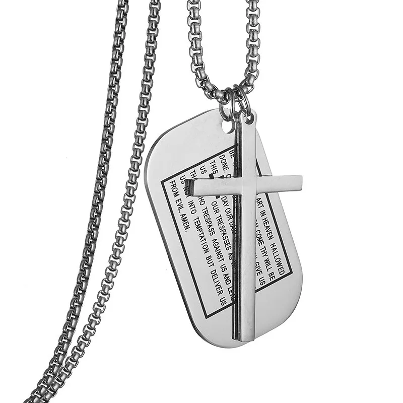 Military Style Dog Tags Cross Pendant Necklace Christian Lord's Prayer Bible Verse For Men Women Stainless Steel Charm Choker |