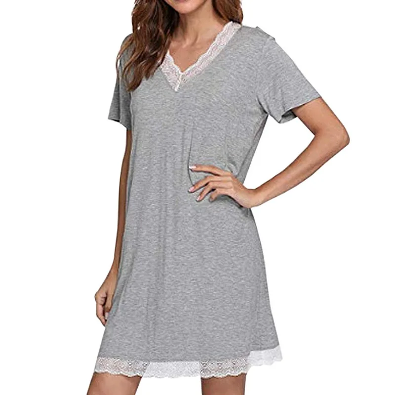 

Women Nightgowns Cotton Modal Summer Solid Lace Splice V-neck Short Sleeve Night Dress Underwear Women Night Gown Sleepshirts
