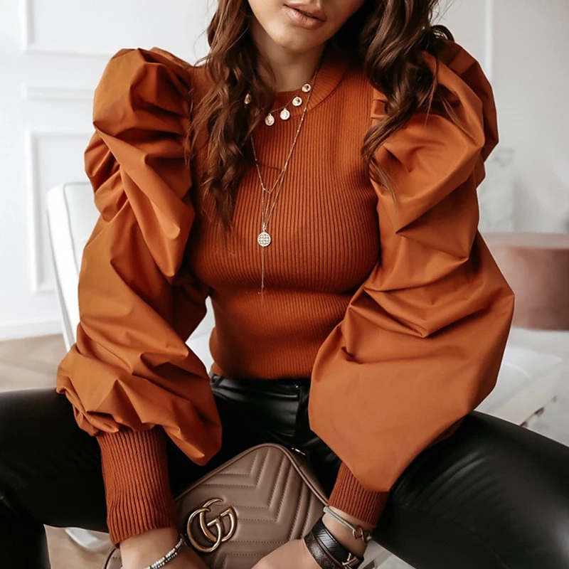 03 Brown Элегантная Осенняя пышная рубашка с длинными рукавами, блузка, Весенняя женская трикотажная блузка в рубчик, пуловер, топы, однотонные женские пуговицы, уличная одежда, Blusas Mujer - Цвет: 03 Brown