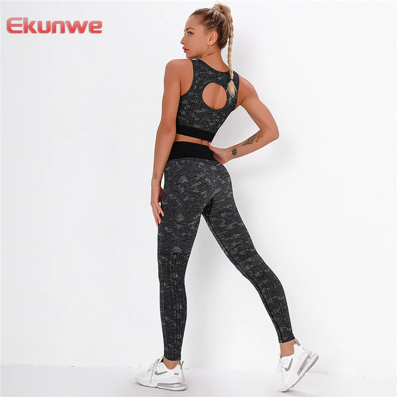

Yoga Suits Seamless Fitness Leggings Sets Push Up Camo Sports Sets Backless Yoga Bras Sets For Women Workout Gym Clothes