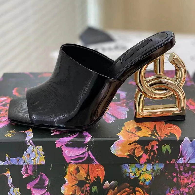 

Hot Sales 11 color Designer Patent Leather Mules Peep Toe Sandals Woman Sexy High Heels Fashion Runway Dress Shoes