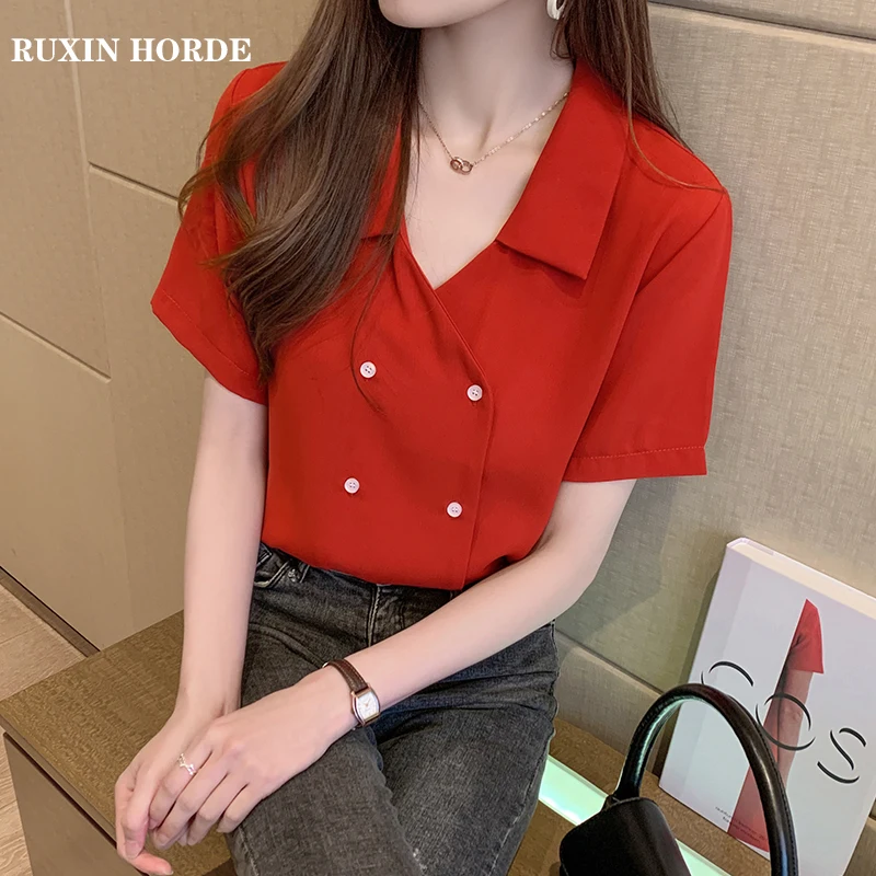 

2021 Summer New Slim Women'S Fashion Design Sense Niche Light Mature Chiffon Short-Sleeved V-Neck Commuter Solid Color Shirt