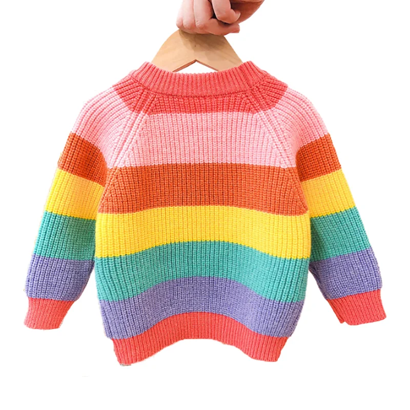 Детский свитер в радужную полоску вязаный для мальчиков и девочек теплая