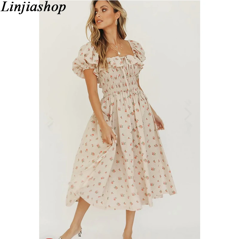 

Fashion summer dress women short sleeve elegant holiday beach floral print elastic ruffles midi dress femme vestidos