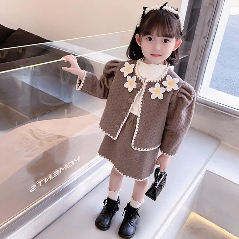 2021 Girls Baby Fashion Clothing Set Sweet Flowers Autumn Birthday Clothes Sets Jacket+skirts elegant Kids Children Outfits | Детская