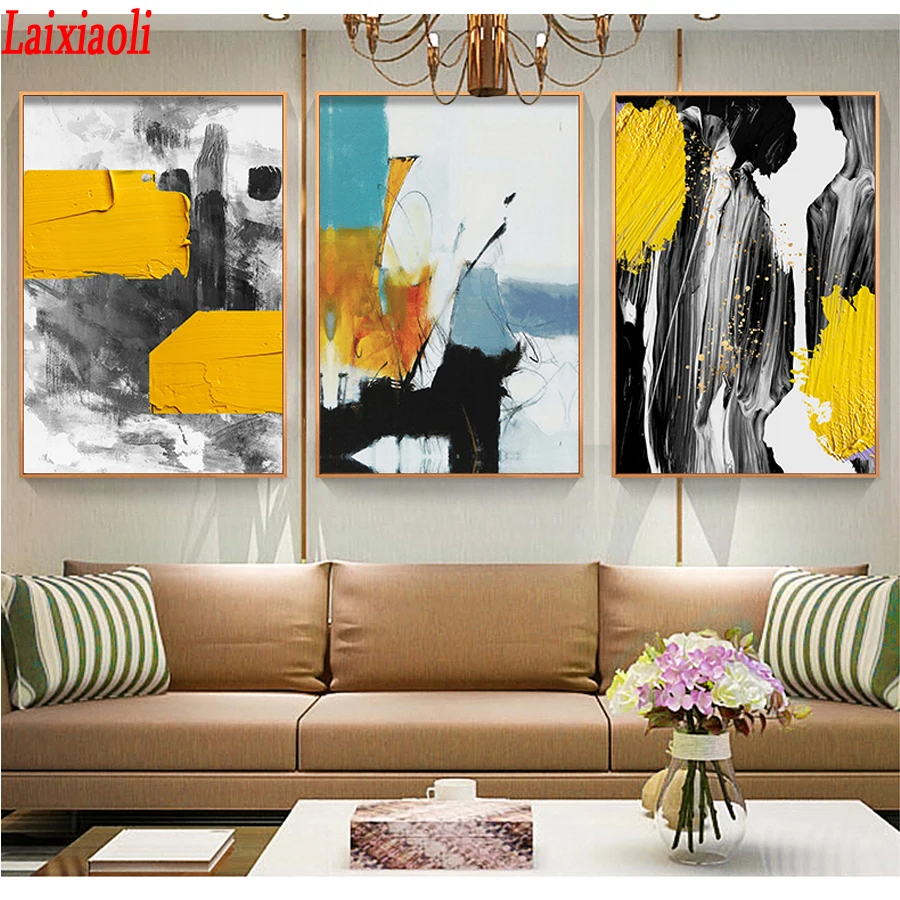 

Набор для алмазной вышивки, набор из 3 квадратных/круглых страз 5d «сделай сам», мозаика с абстрактным изображением пейзажа, Триптих желтого, ...