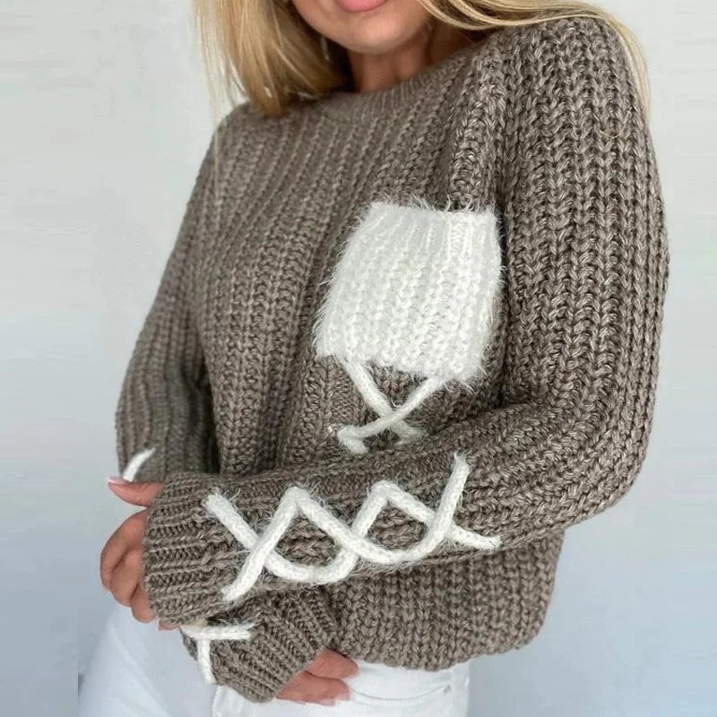 

Autumn Winter Solid Pockets Women Knitted Sweaters Elegant O Neck Long Sleeve Pullover Tops Streetwear Female Soft Warm Sweaters