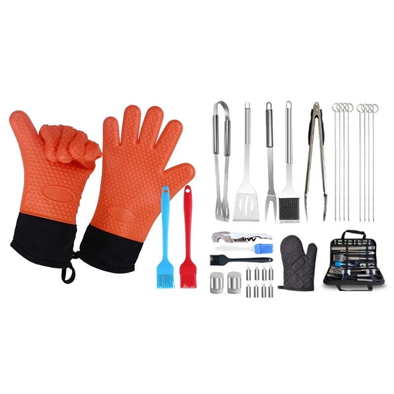 

Набор инструментов для барбекю из нержавеющей стали и 1 пара силиконовых перчаток для приготовления пищи с 2 кисточками, 28 шт.