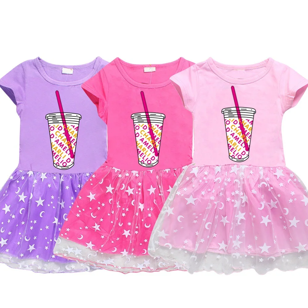 

Kids Summer Hype House Girl Cotton T Shirt+ Print Gauze Patchwork Dress Children Girl Home Party Casual Clothes Princess dress