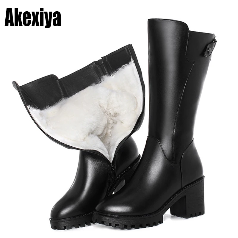 

Natural Wool Fur Warm Snow Boots Women Winter Flats Mid Calf Boots Genuine Leather Waterproof Boots Black Big Size 35-43 BC2570