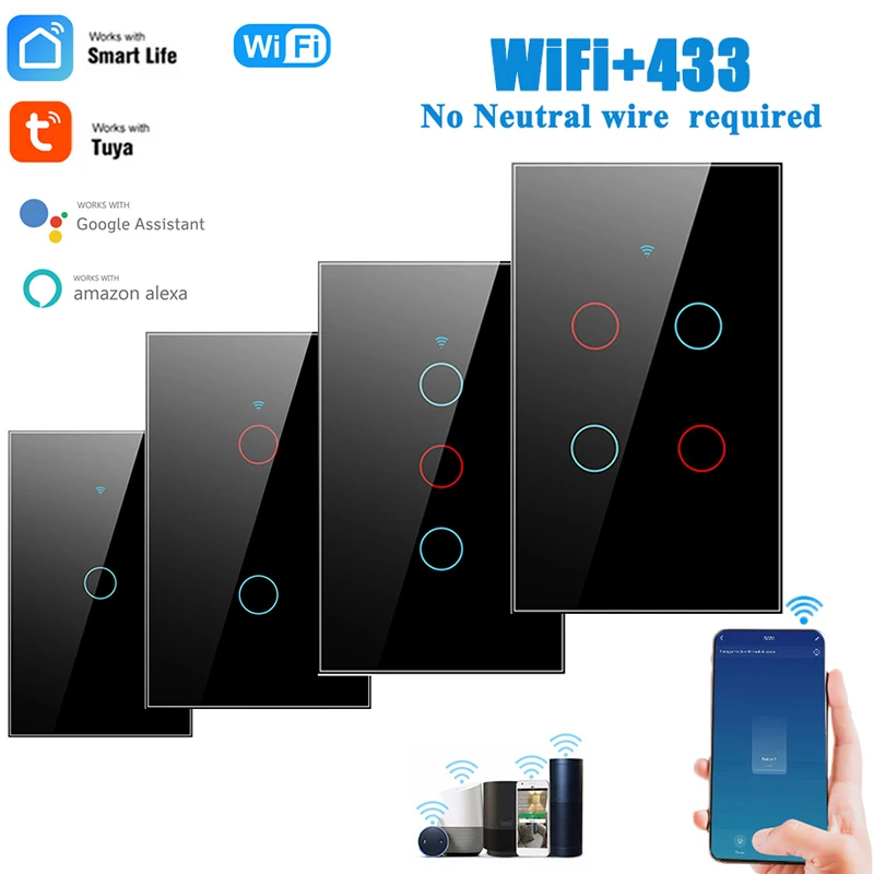 

Умный Wi-Fi переключатель Tuya, без нейтрального провода, сенсорный датчик, закаленное стекло, 1/2/3/4 клавиши, настенная панель, домашняя работа с ...