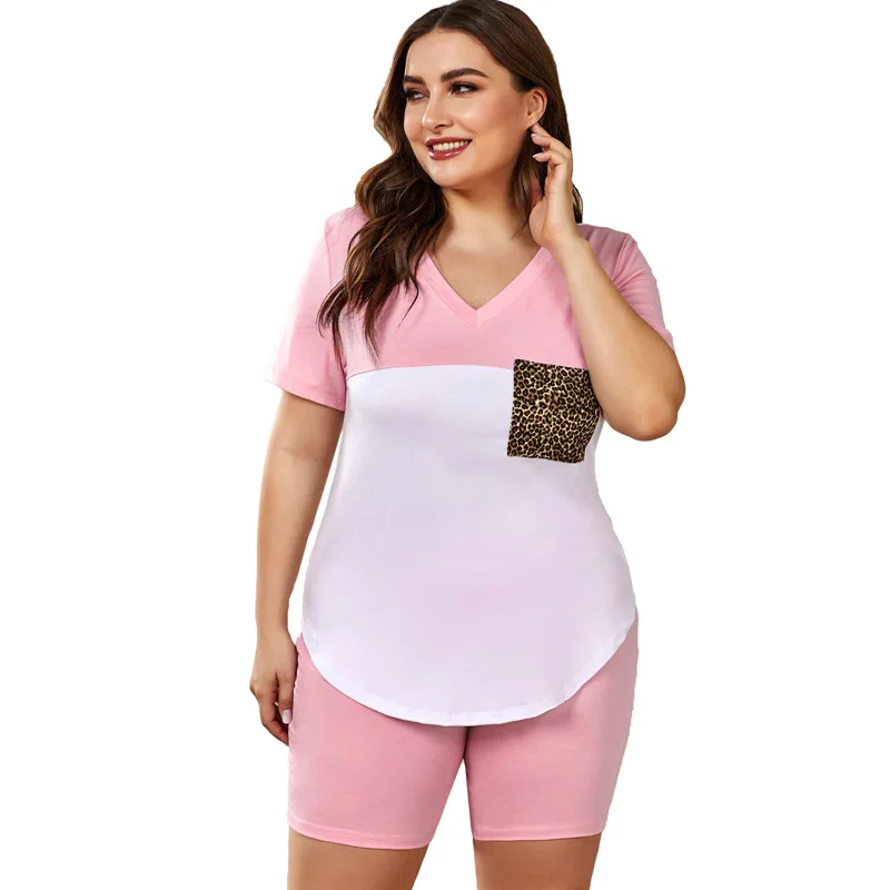 

Large size home service contrast stitching plus size women's 2-piece suit ladies summer suit short-sleeved leopard print pajamas