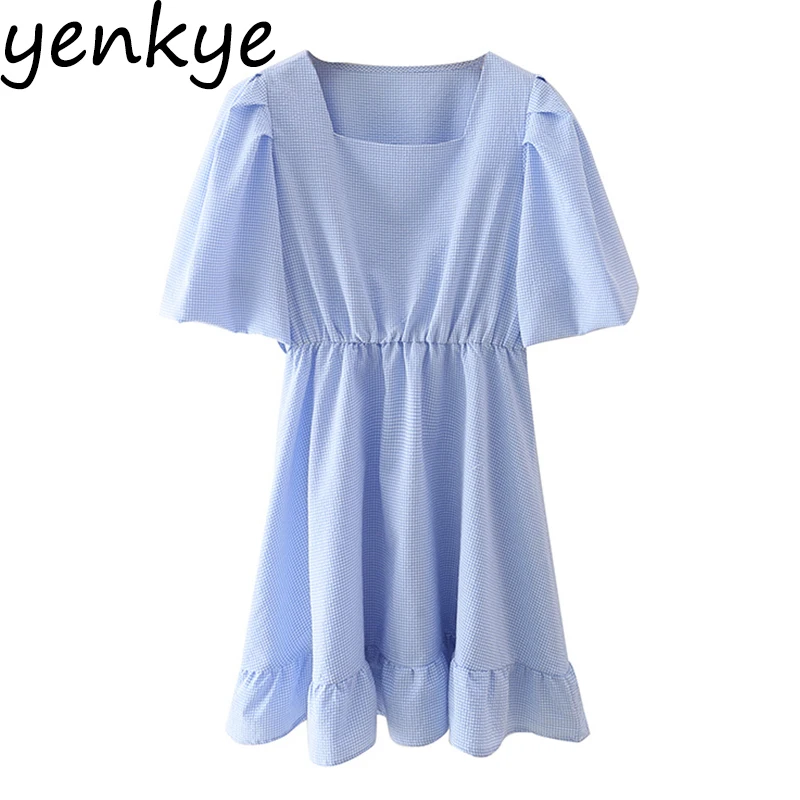 

YENKYE Blue Plaid Dress Women Square Neck Puff Sleeve Vestido Female A Line Summer Casual Dress Short Vestido