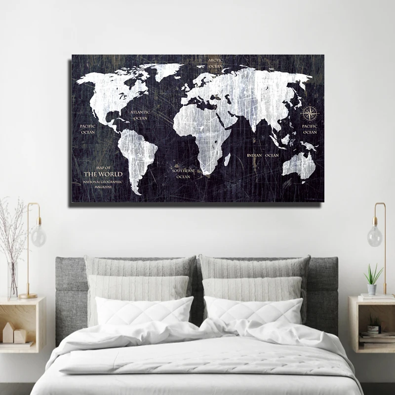Vintage HD WORLD MAP Canvas Painting Printing Poster Wall Pictures For Living Room Black Map Decorative Art Home decor