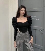 t shirt womens spring and summer retro french design sense square neck bubble sleeve short tight 2021 new long sleeve top