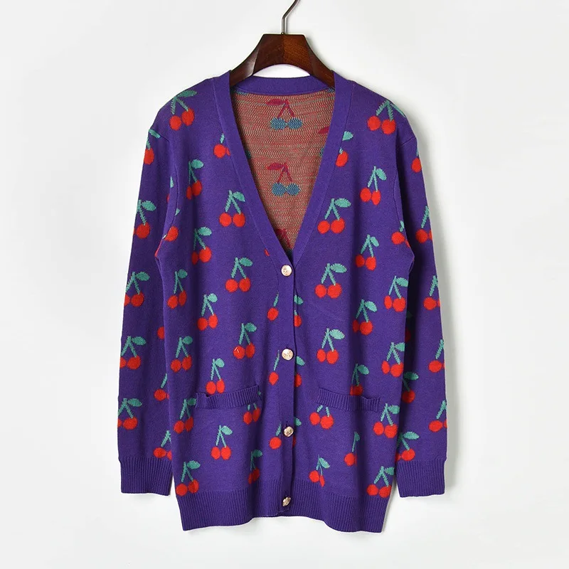 Женский вязаный кардиган с длинным рукавом длинный жаккардовый v-образным