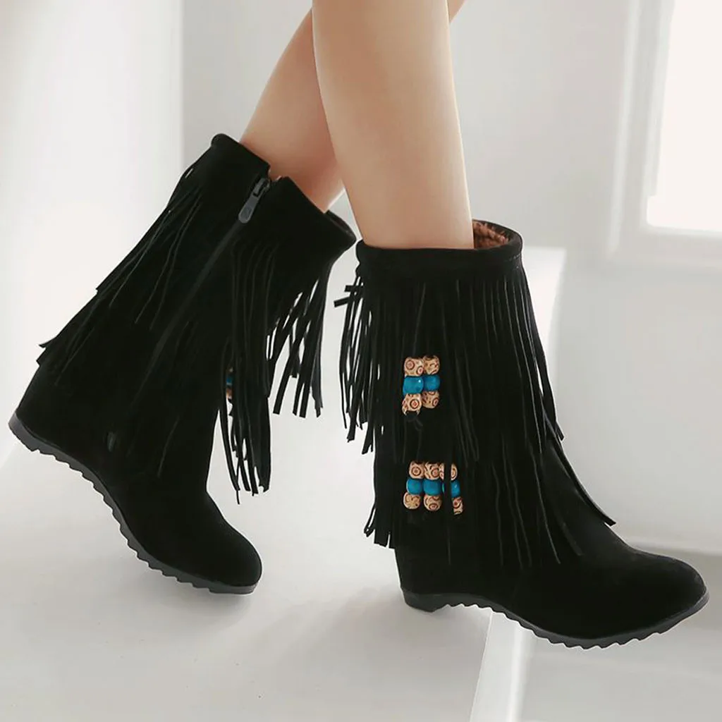 Женские замшевые сапоги с бахромой зимние вышивкой модные женские теплые на