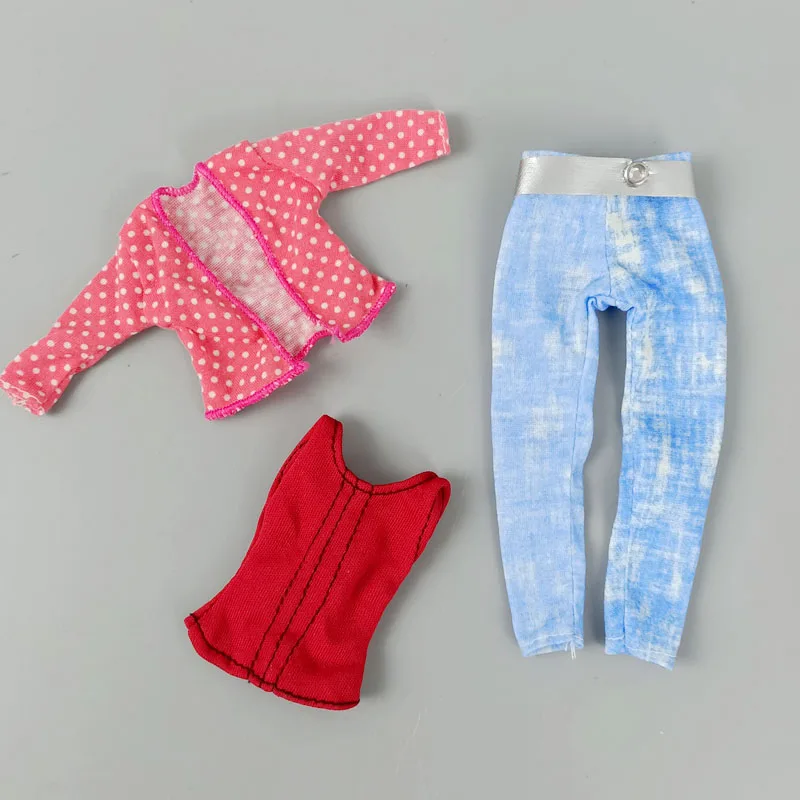 1Set Pink Polka Coat Red Vest Denim Pants Handmade Clothes For Barbie Doll Outfits for 1:6 BJD Dollhouse 1/6 Accessories | Игрушки и