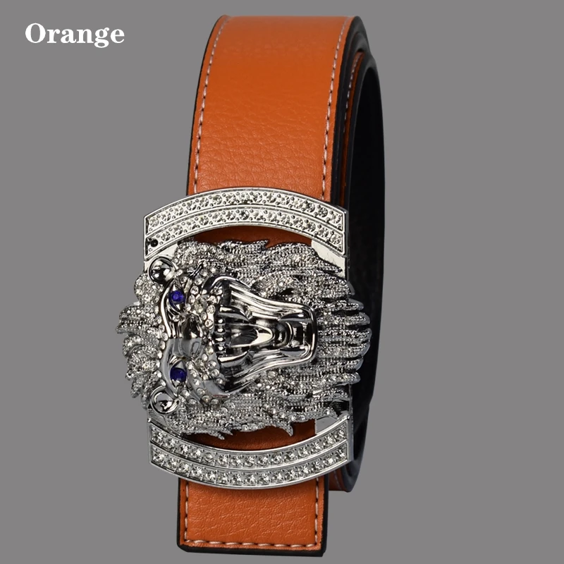Silver orange JXQBSYDK Роскошные брендовые ремни для мужчин и женщин модные блестящие алмазные пряжки с головой льва высокое качество пояс формирователь кожаные ремни - Цвет: Silver orange