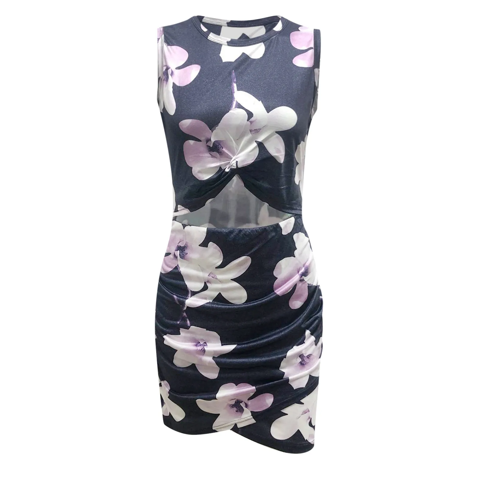 

40# Sexy Bodycon Floral Printed Dress Split Beach Sleeveless Woman Tank Dress Bohemian Hollow Out O Neck Dress Summer Dress