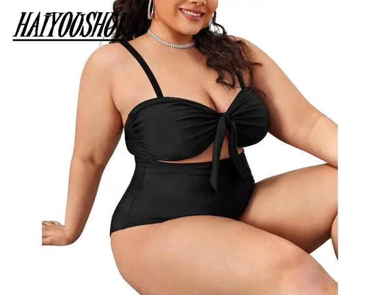 

Plus Size Black Mesh V-Neck One Piece Swimsuit Women Large Size Sexy Monokini Bathing Suit 2021 New Beach Swimwear