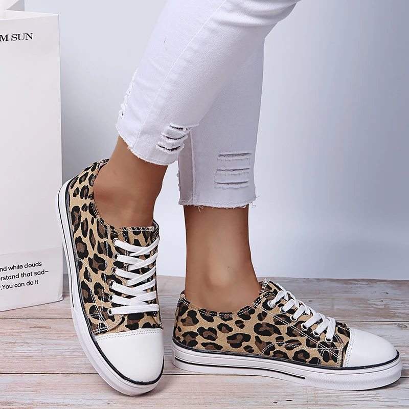 

Women's Canvas Shoes Thick-soled Breathable Vulcanized Shoes 2021 Summer New Leopard Print Lace-up Sports Shoes Casual Shoes