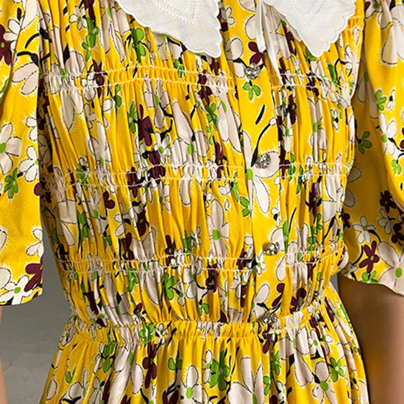 

GALCAUR Sweet Print Dress For Women Lapel Collar Puff Short Sleeve High Waist Mini Hit Color Dresses Female Fashion Clothes 2021