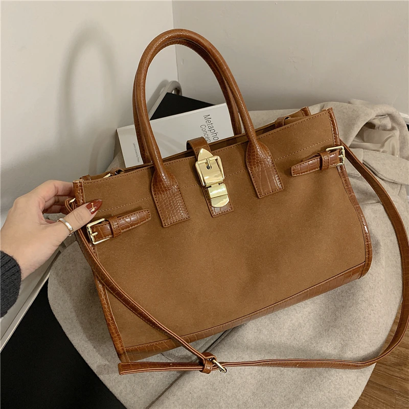 

Vintage Suede Large Tote Shoulder Bags For Women Brand Designer Patchwork Crocodile Pattern Work Ladies Handbags 2022