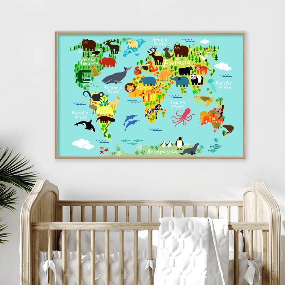 Мультяшные животные карта мира настенная Картина на холсте скандинавские