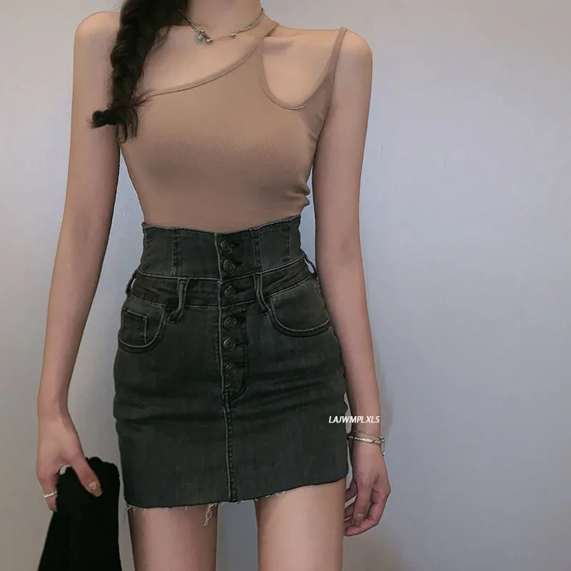 

Korean Summer Denim Skirt Female Design Sense High Waist Short Skirt 2021 New Thin Package Hip Skirt Wild A-line Skirt
