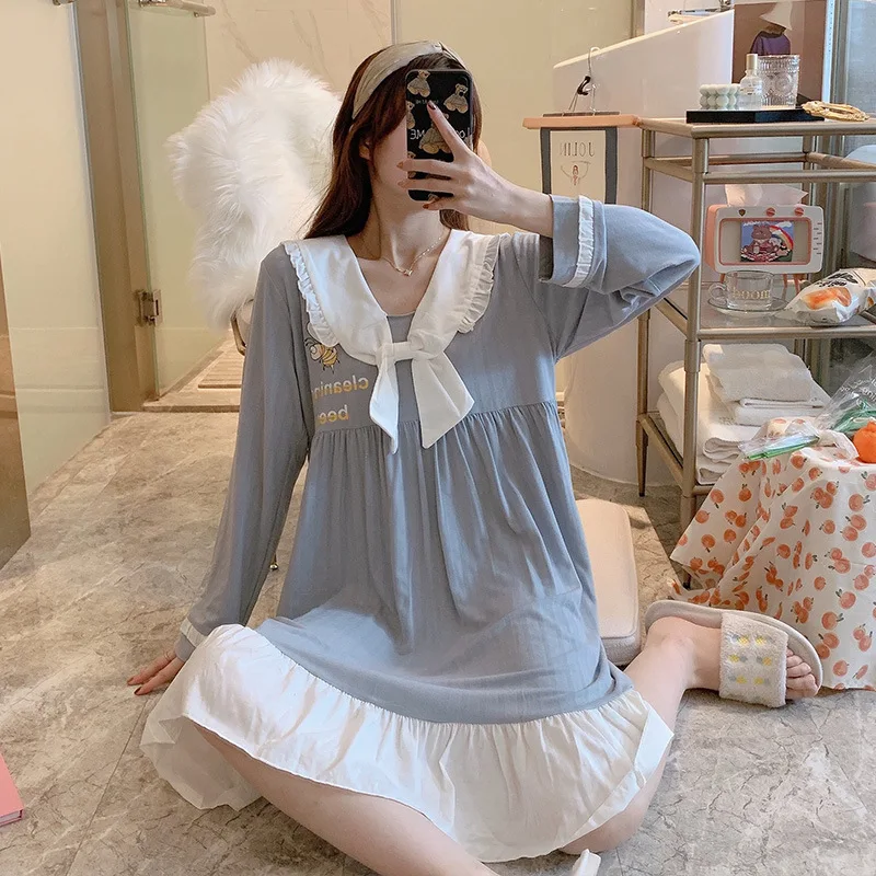 2021 Spring New Nightdress Combed Cotton Korean Pure Color Sweet Lovely Pullover Long Sleeve Housewear Sleepwear Women