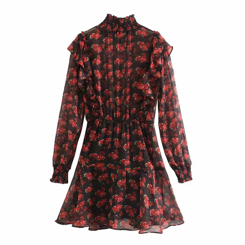 Платье-водолазка с цветочным принтом элегантное мини-платье поясом на резинке и