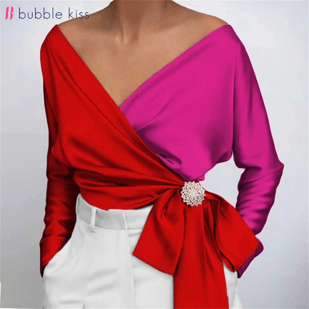 Блузка Женская атласная с принтом глубоким V-образным вырезом и длинным рукавом |