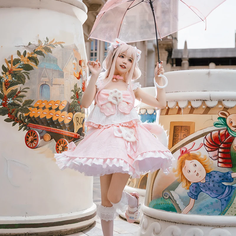 

Lolita Soft Sister Women's Sweet Girls Cute Bowknot Cat Paw JSK Shirt Sleeve Suit Shirt Short Skirt Harajuku Sling Dress Summer