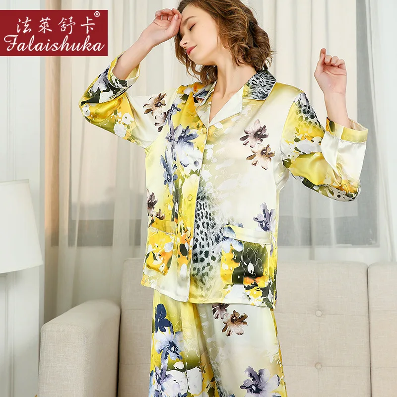 100% Natural Silk Pajama Sets Female Spring Autumn Real Silkworm Silk Sleepwear Fashion Printed Women Pyjamas T8236