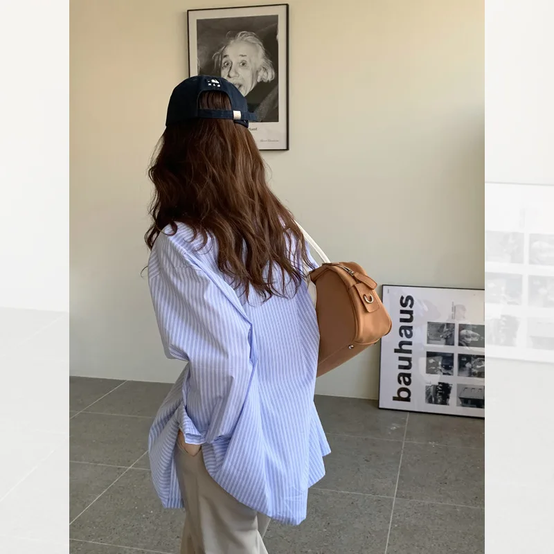 Рубашка женская в винтажную синюю полоску модная офисная блузка с длинным