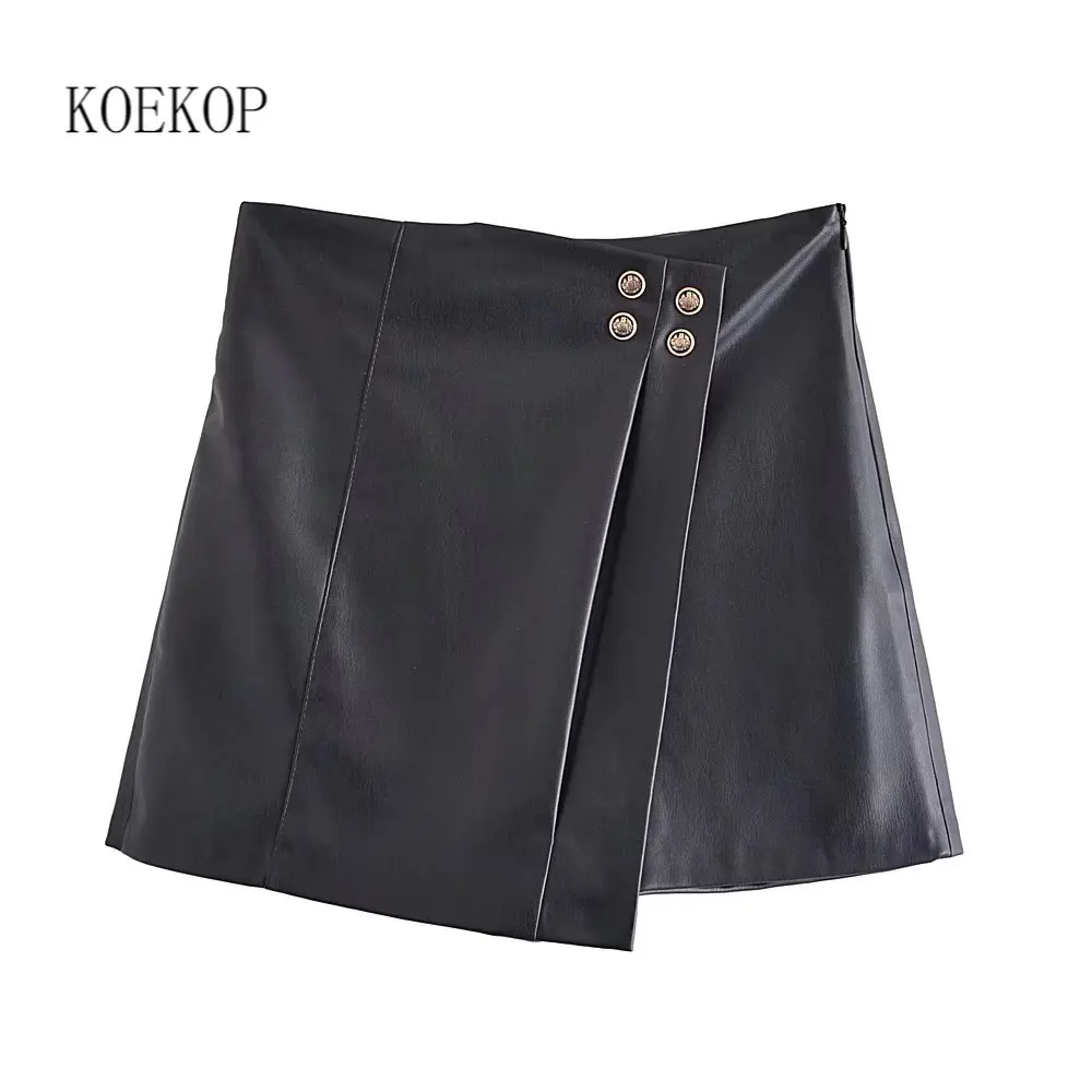 

Koekop Fashion Faux Leather Shorts Women High-waisted Invisible Side Zipper Casual Chic Lady PU Short Skort Pants Woman