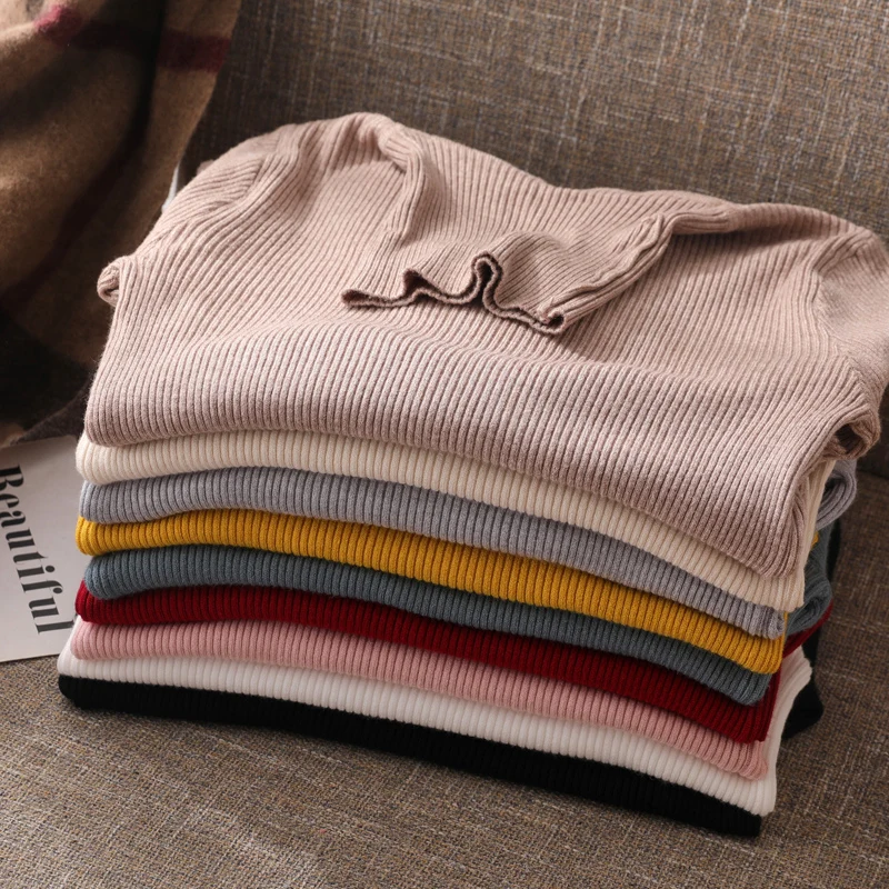 Вязаные женские водолазки свитера пуловеры весна-осень базовые пуловер