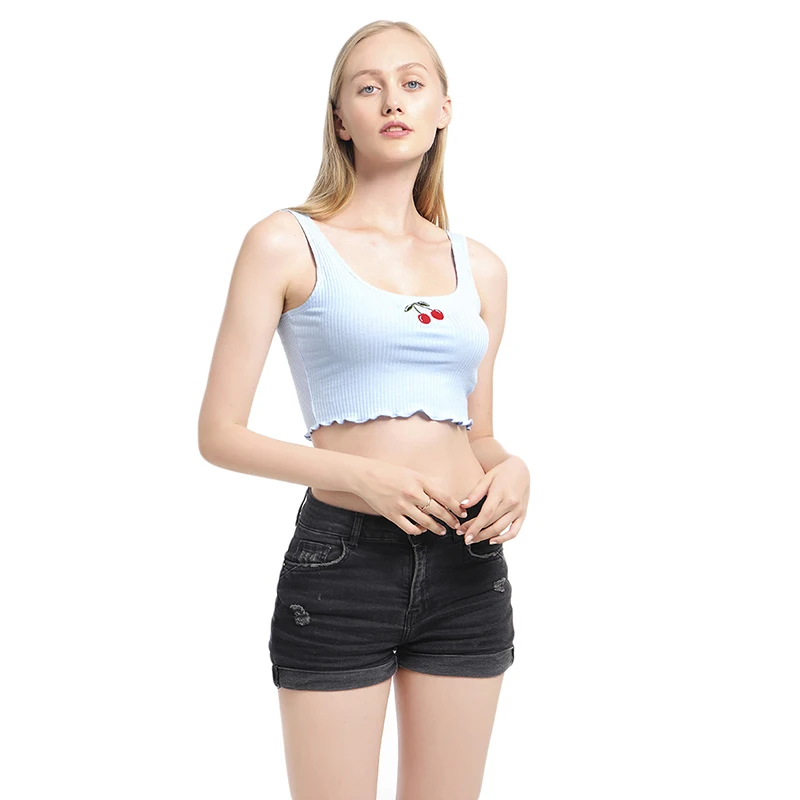 Women Sexy Vest Small Fresh Embroidered Pit Summer Square Collar Tank Tops Sleeveless Cherry Printed Casual Vest Tanks