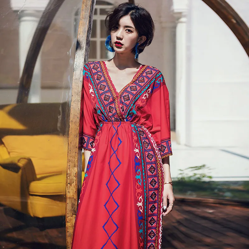 New women clothes 2019 Spring and summer new style Beach dress Bohemian midi Printed Ethnic wind beach | Женская одежда