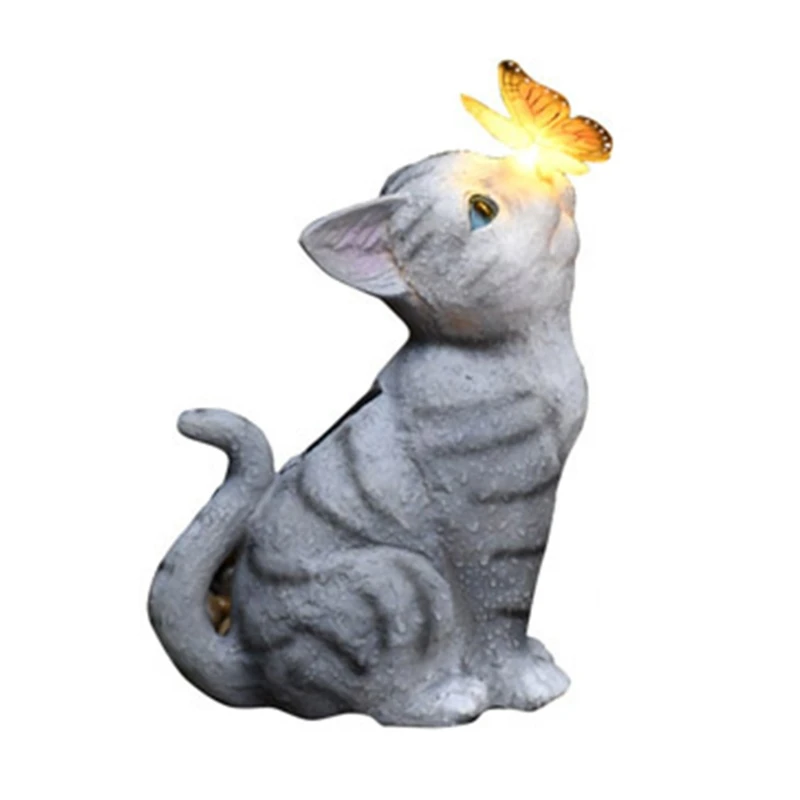 

Creative Resin Cat Statue Sculpture Ornaments with Solar Light Animal Sculptures Garden Decoration