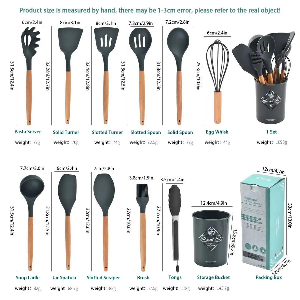 

Silicone Kitchen Utensil Set Wooden Handle Spoons Spatula Set Cookware Turner Tongs Kitchen Gadgets with Holder Cooking Tools