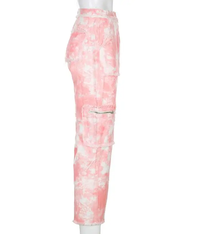 

New streetwear style tie-dye zipper straight jeans women