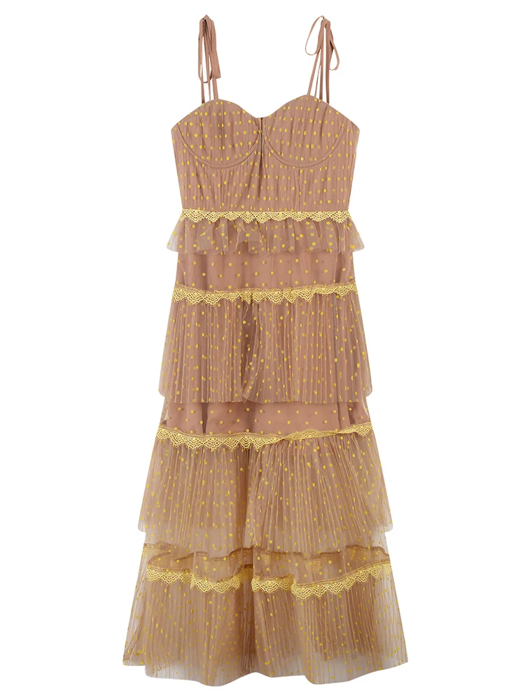 Женское плиссированное платье топ в горошек летнее с контрастной многослойной