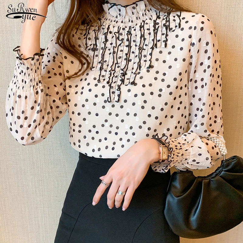 

Lady Casual Long Sleeve Stand-collar Polka Dot Printed Chiffon Blusas Tops Women Spring Autumn Style Chiffon Blouse Shirts 13098