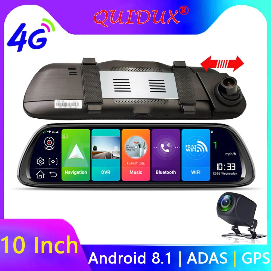QUIDUX 4 г ADAS Автомобильный dvr камера 1" Android 8,1 поток медиа зеркало заднего вида FHD 1080 P Wi Fi для панели, GPS Cam Регистратор Видео регистраторы