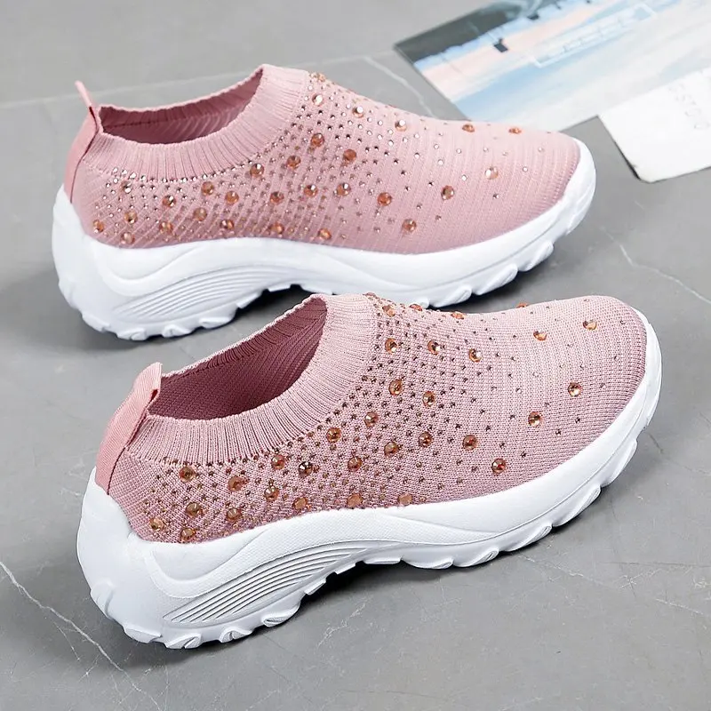 

Женские кроссовки без шнуровки, повседневные трикотажные кроссовки-носки с блестящими кристаллами, новинка 2021