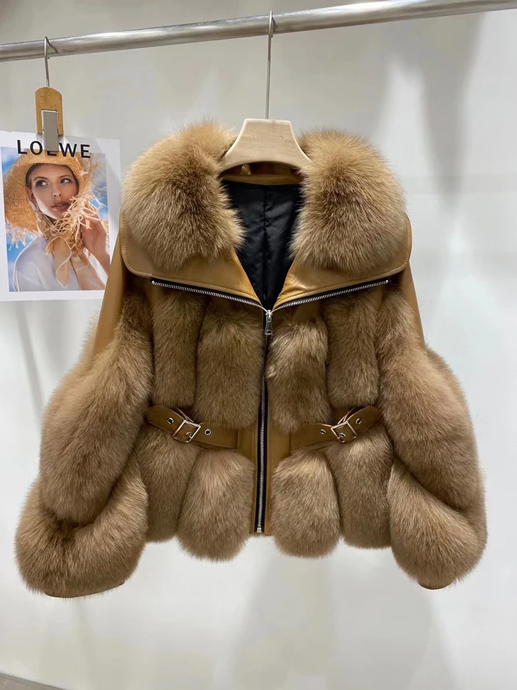 New Arrival Women's Winter Warm Natural Real Fox Fur Collar Fox Fur Body Genuine Leather Short Slim Jackets