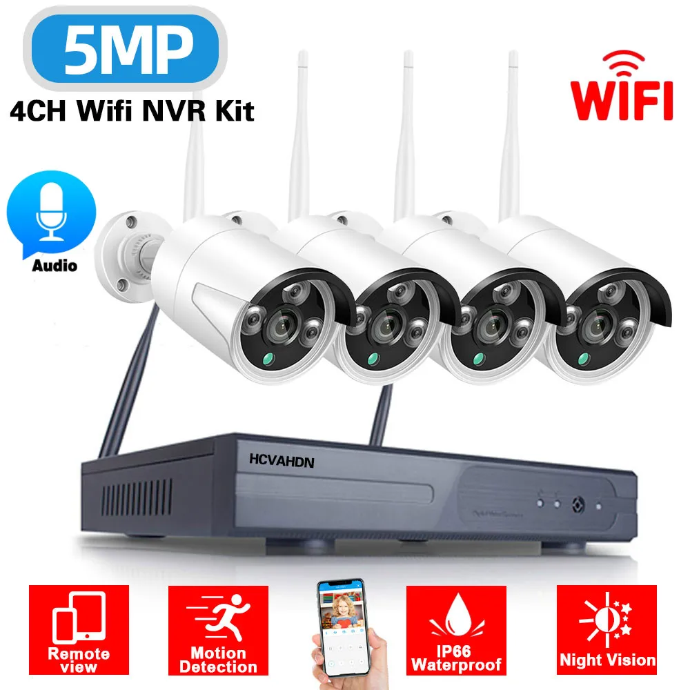

Уличная камера видеонаблюдения, комплект беспроводной системы безопасности с Wi-Fi, 4 канала, 5 МП, NVR, H.265, водонепроницаемая цилиндрическая ка...