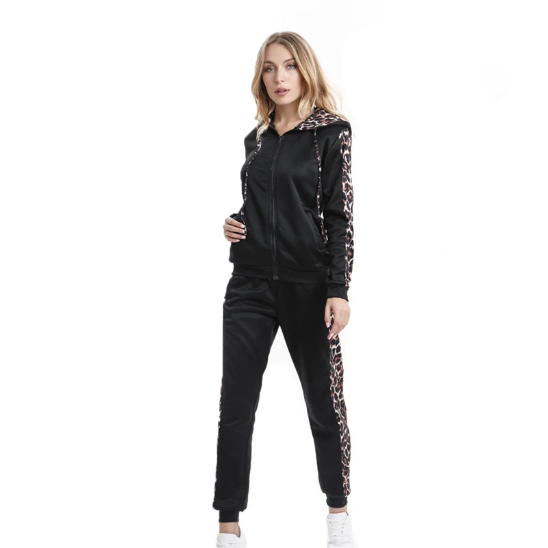 

Women Tracksuit Fashion Warm Long Pant Suit Set Autumn Winter Leopard Print Pocket Zipper Fleece Hoodies Coat 2 Piece S-2XL